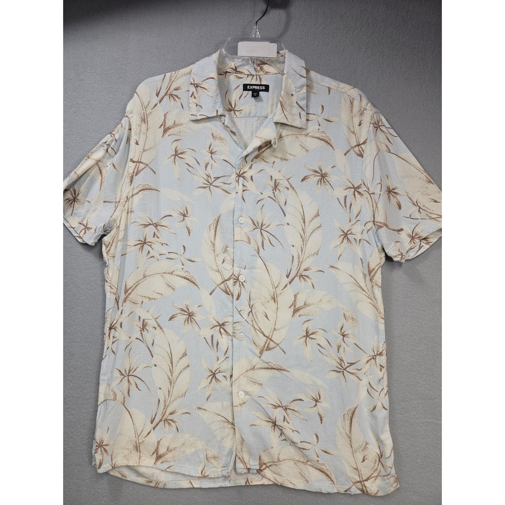 Express Mens Tropical Palm Leaf Linen Blend Camp Shirt Light Blue Tan Size M